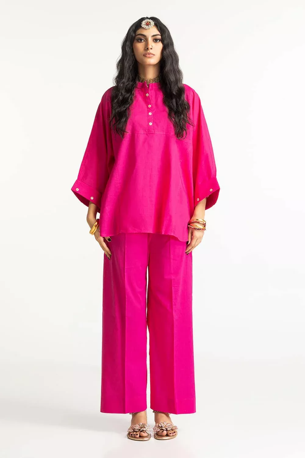 Ready-to-wear stitched lawn shirt with trendy loose trousers and finished hemlines.