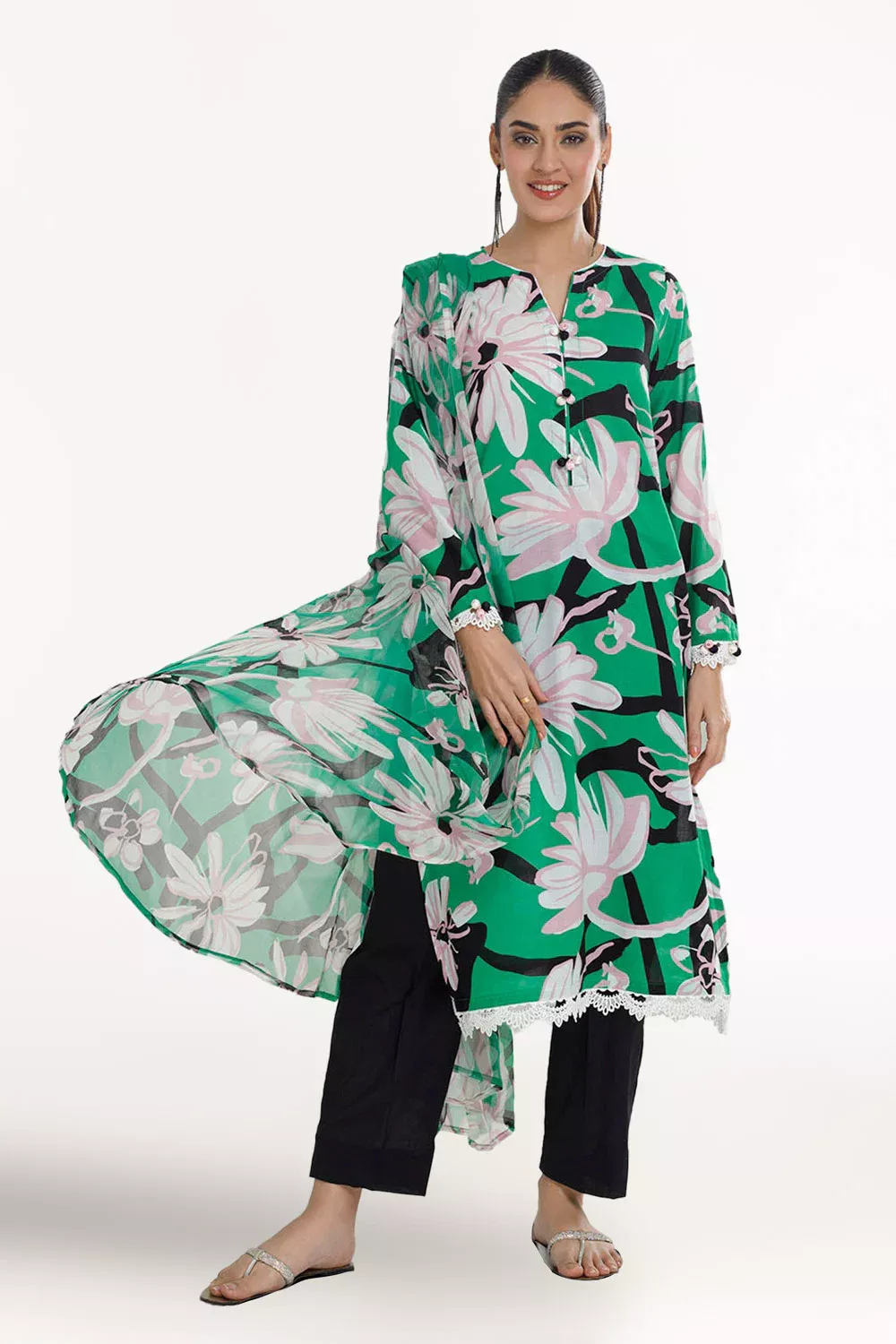 Unstitched 3-piece lawn suit set including printed shirt, plain trousers, and chiffon dupatta.