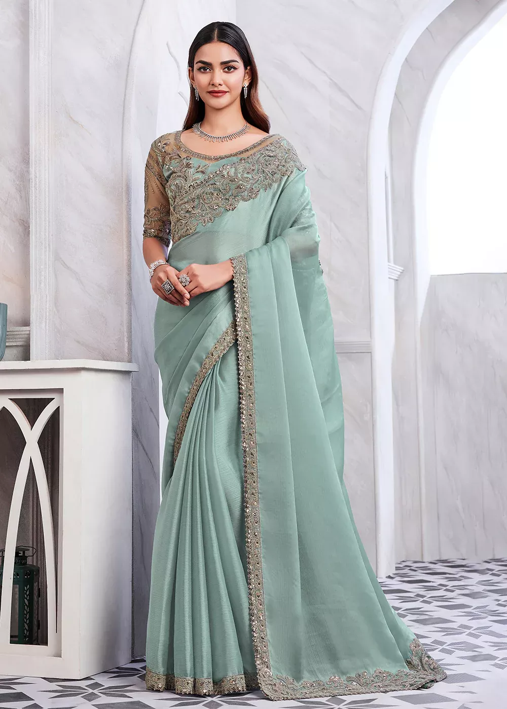 Luxury saree embroidery with diamonds and gold thread work