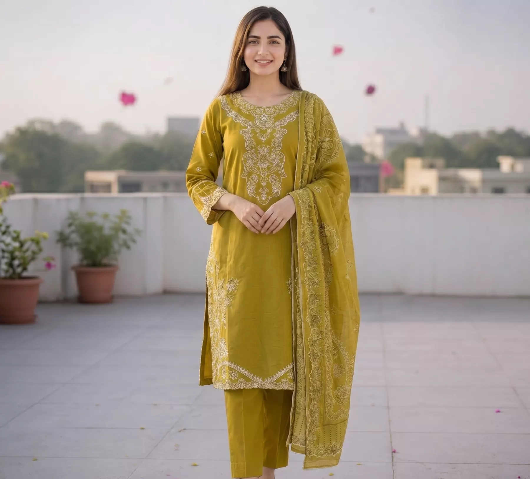 Mustard 3 piece embroidered stitched suit