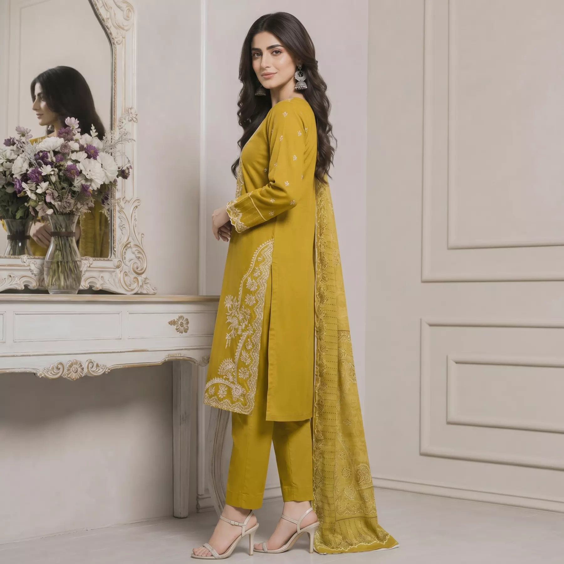 Mustard 3 piece embroidered stitched suit