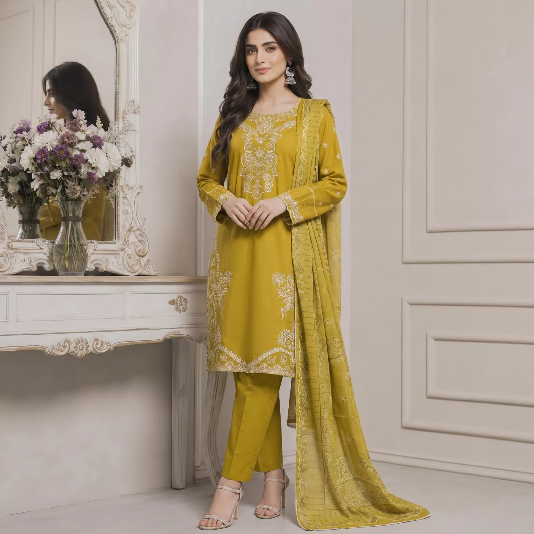 Mustard 3 piece embroidered stitched suit