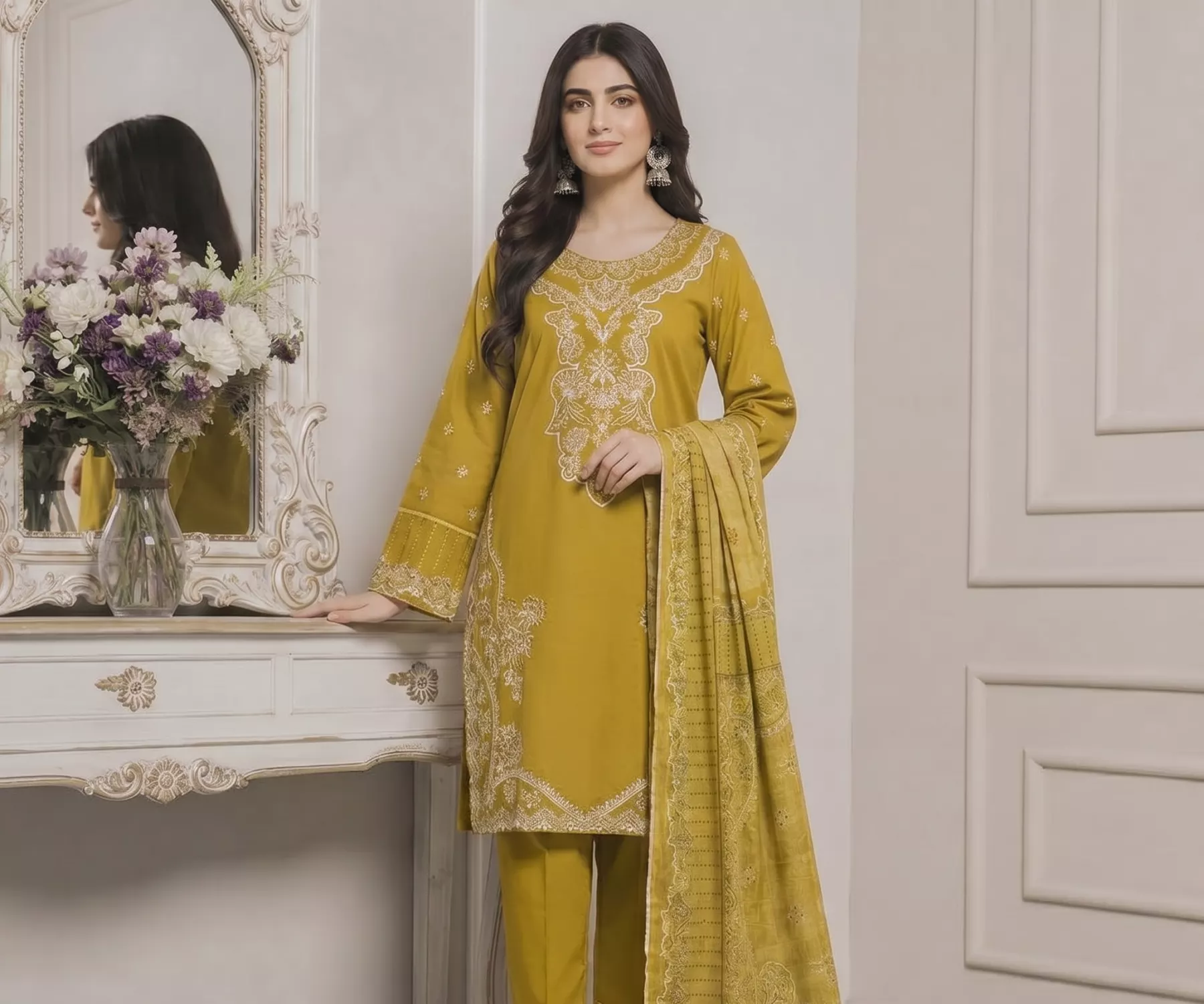 Mustard 3 piece embroidered stitched suit