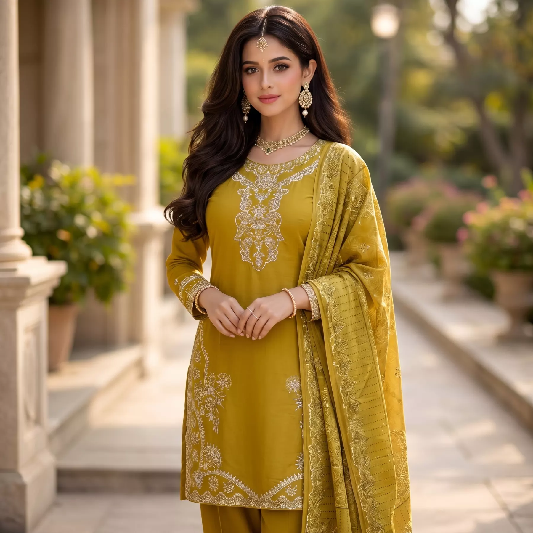 Mustard 3 piece embroidered stitched suit