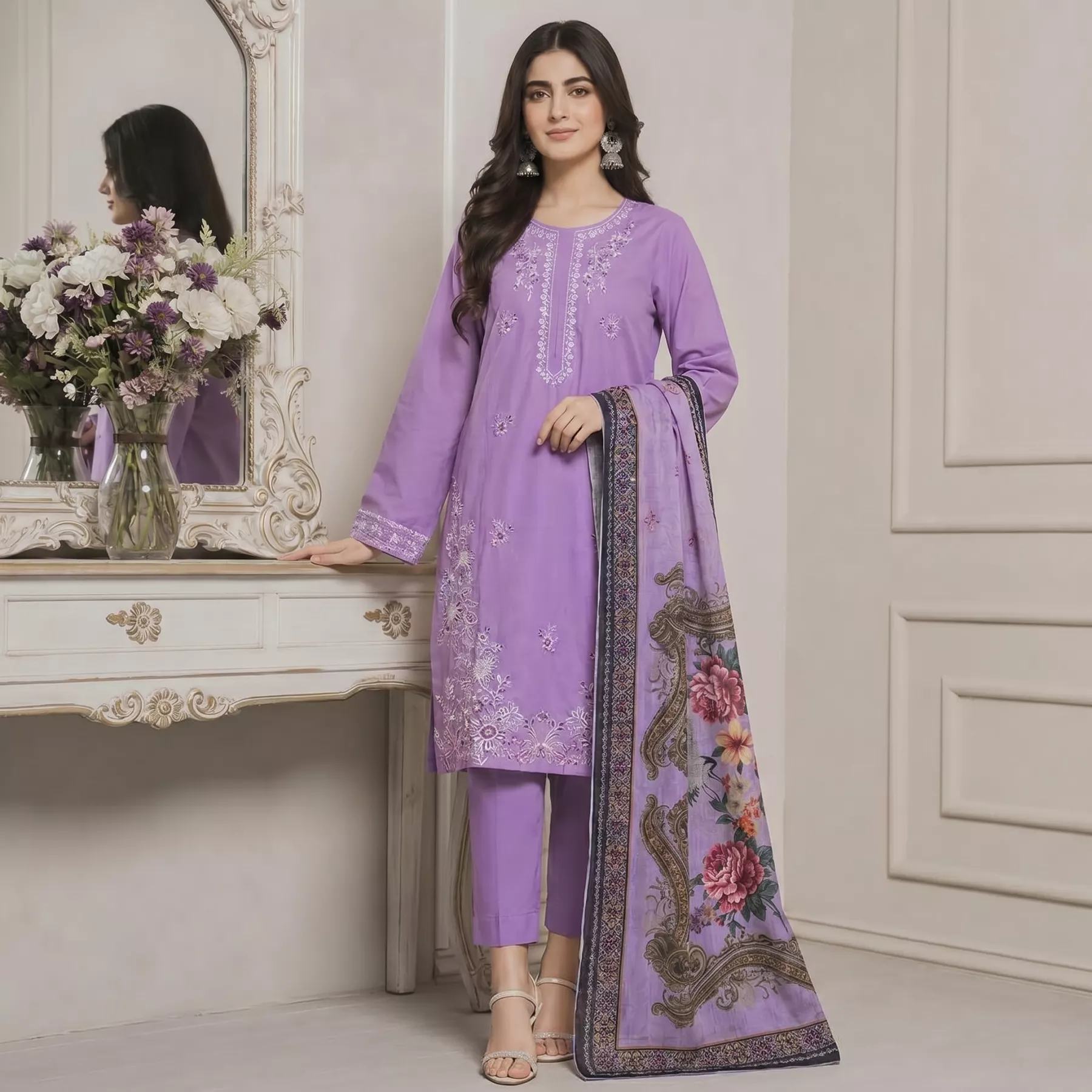 Embroidered 3 piece lawn lilac stitched suit