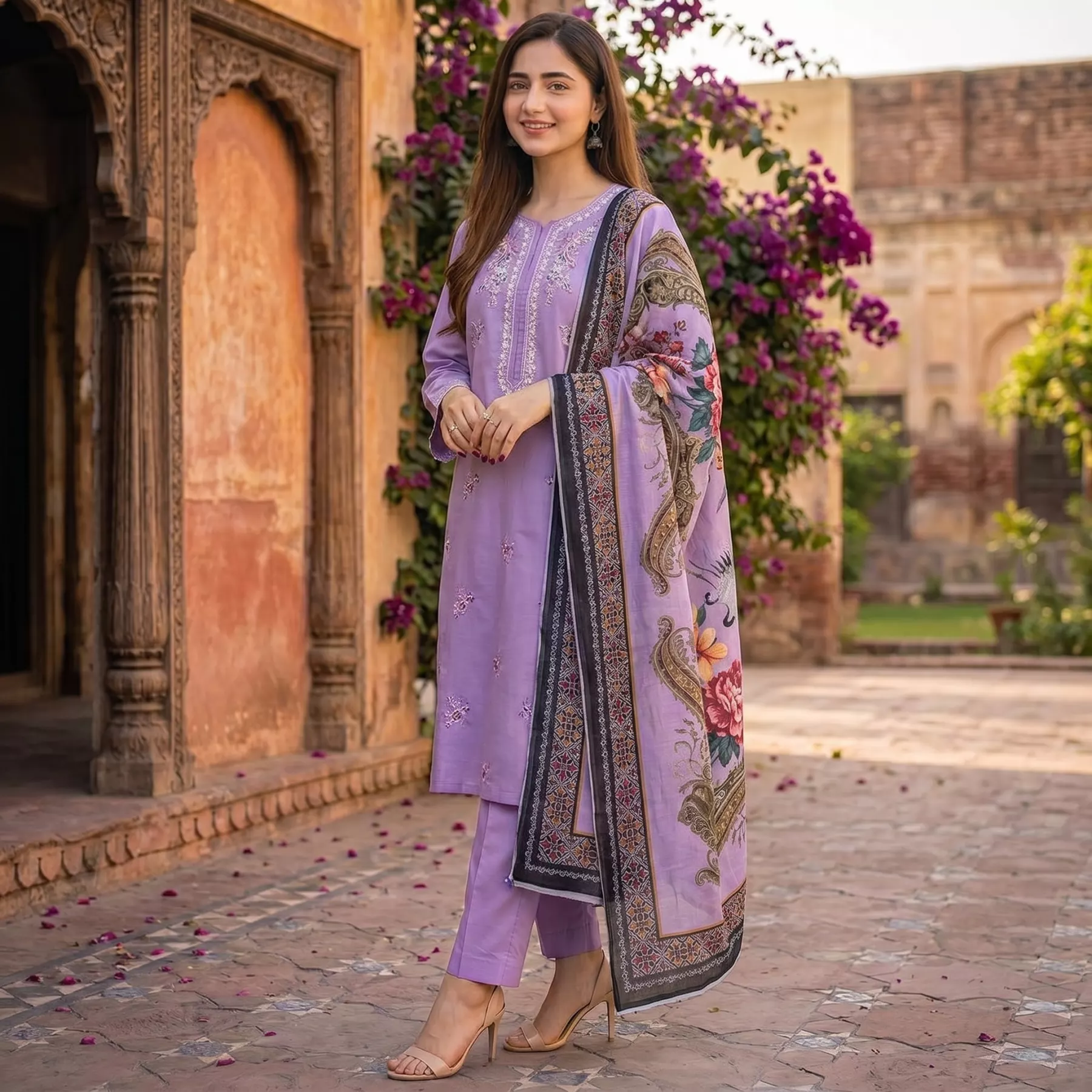 Embroidered 3 piece lawn lilac stitched suit