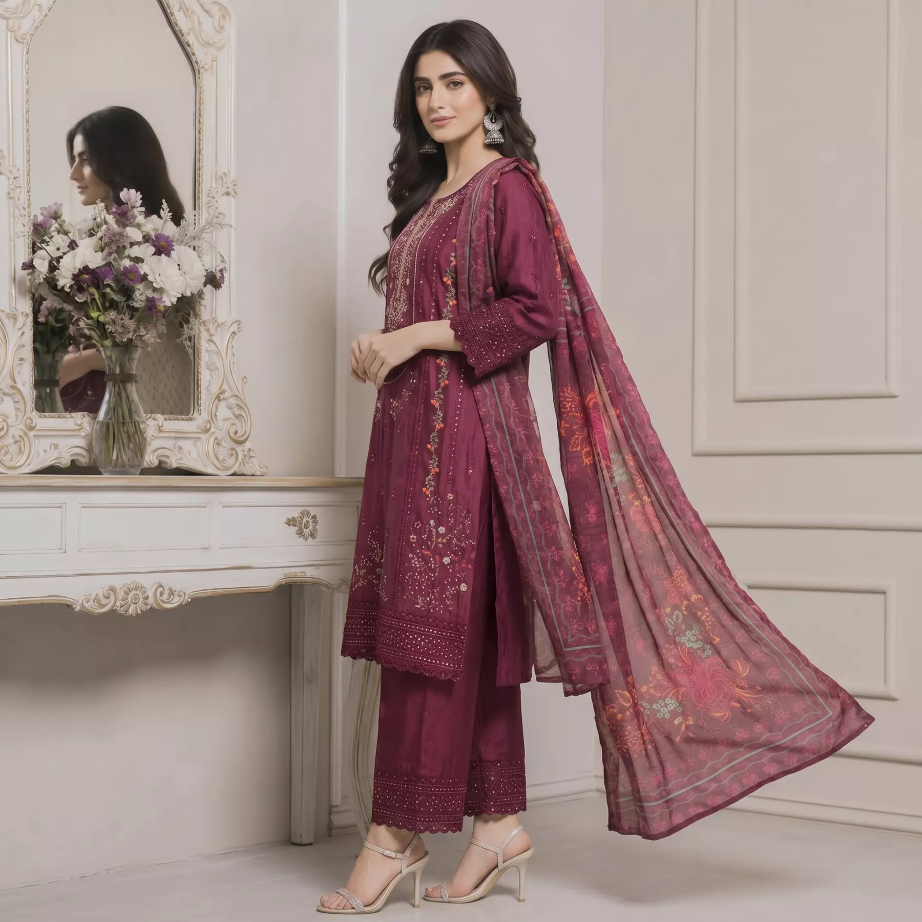 3 piece embroidered doria lawn suit