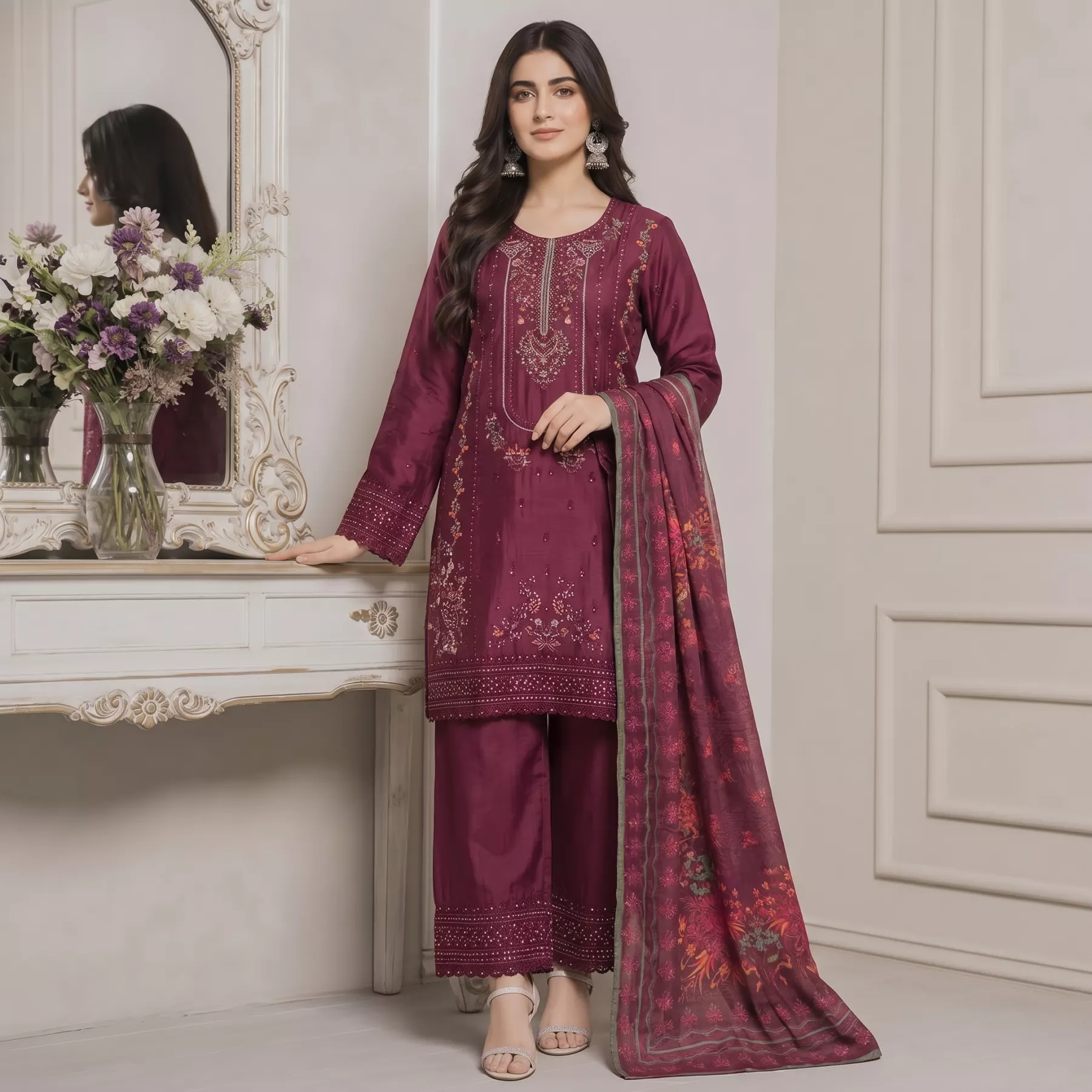 3 piece embroidered doria lawn suit