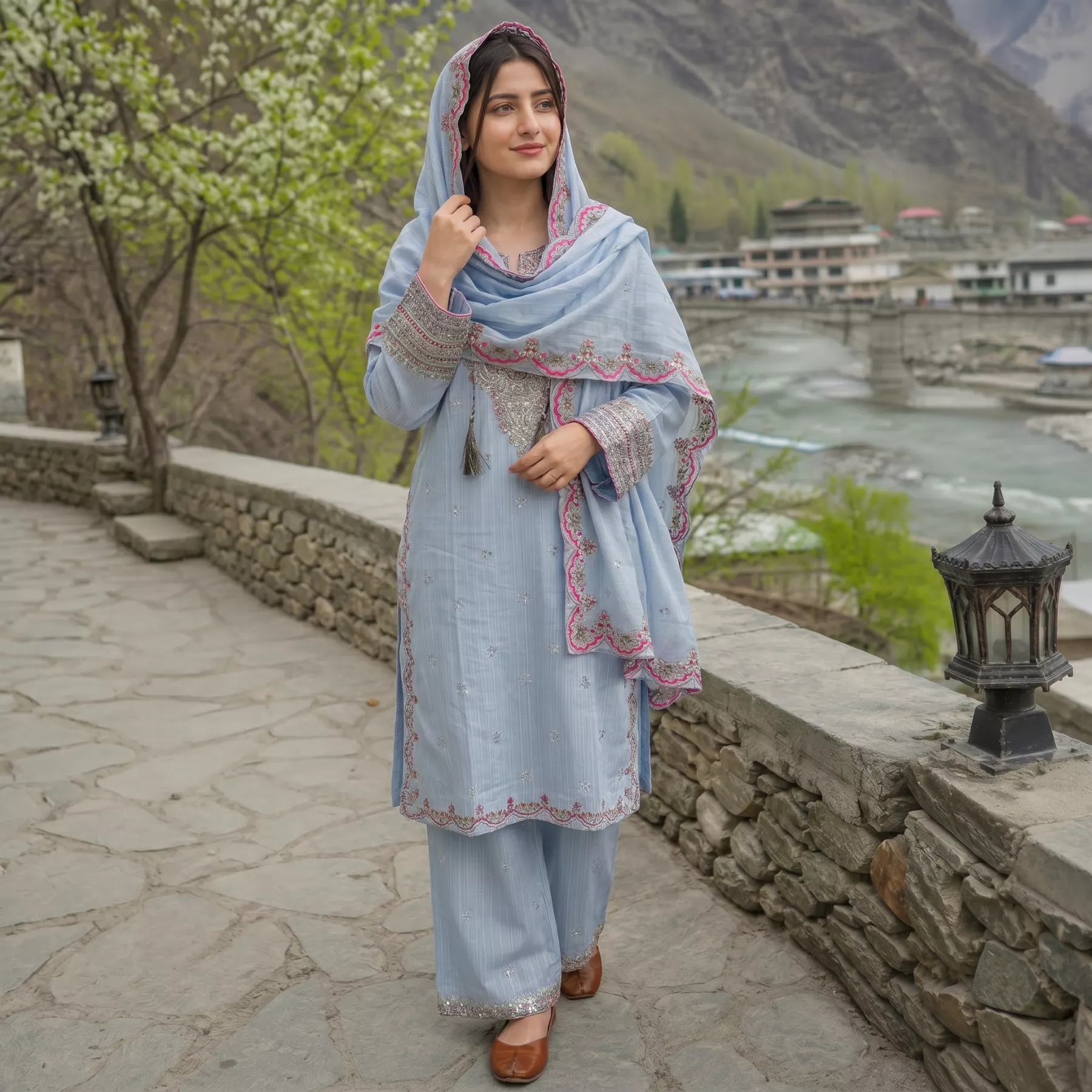 Embroidered 3 piece doria Lawn stitched suit