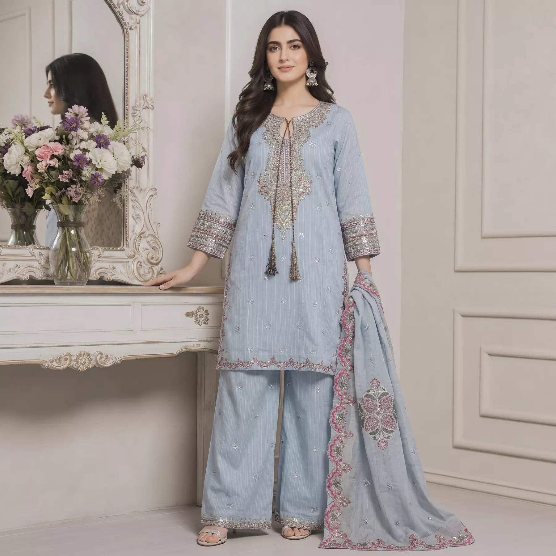 Embroidered 3 piece doria Lawn stitched suit