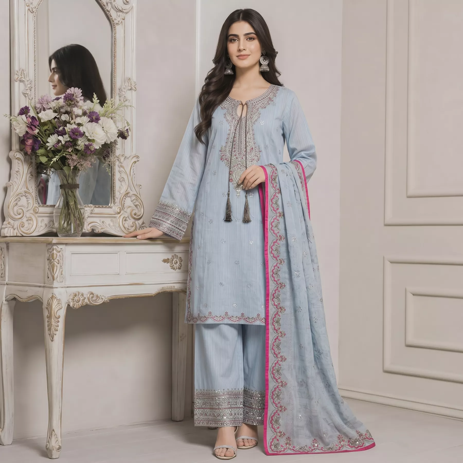 Embroidered 3 piece doria Lawn stitched suit