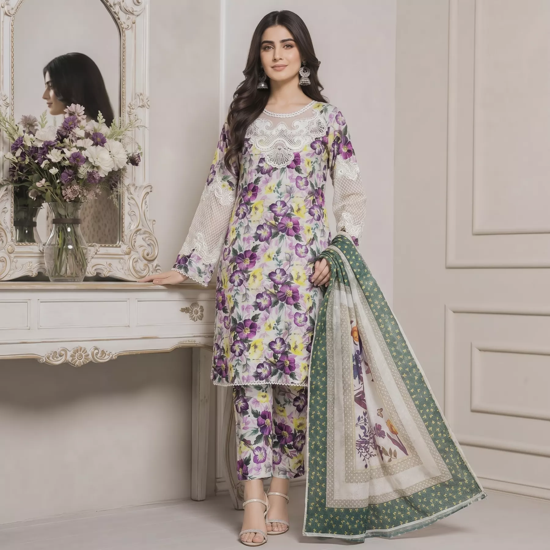 Patch work 3 piece printed suit