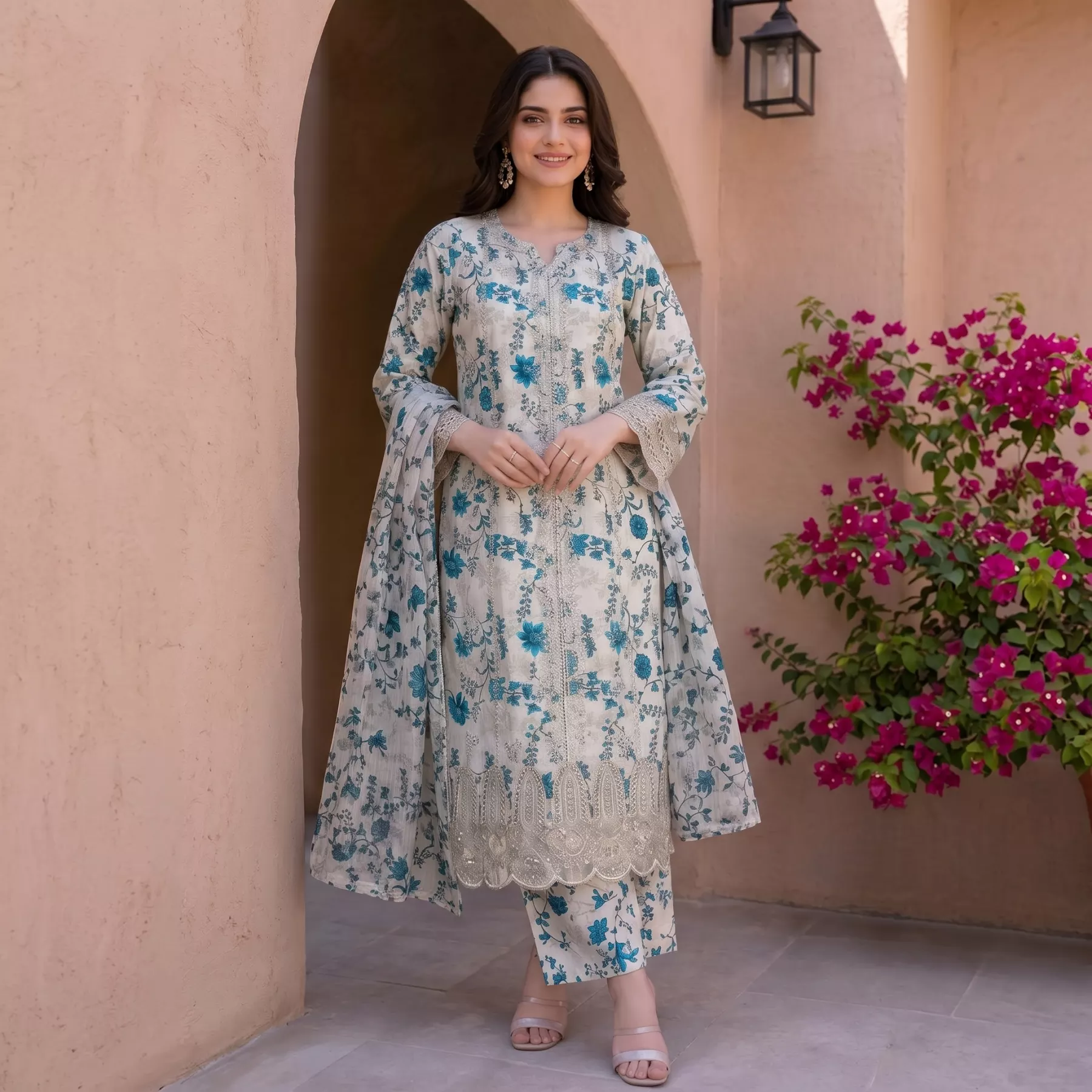 Chicken kari 3 piece Doria lawn suit with patchwork