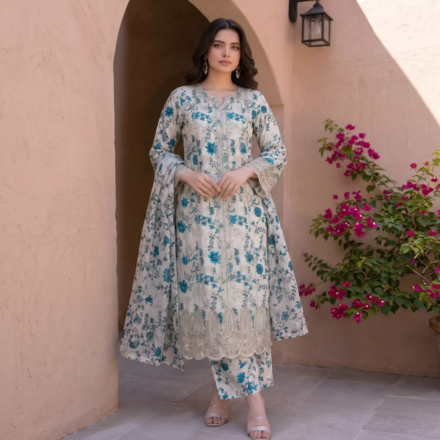 Chicken kari 3 piece Doria lawn suit with patchwork