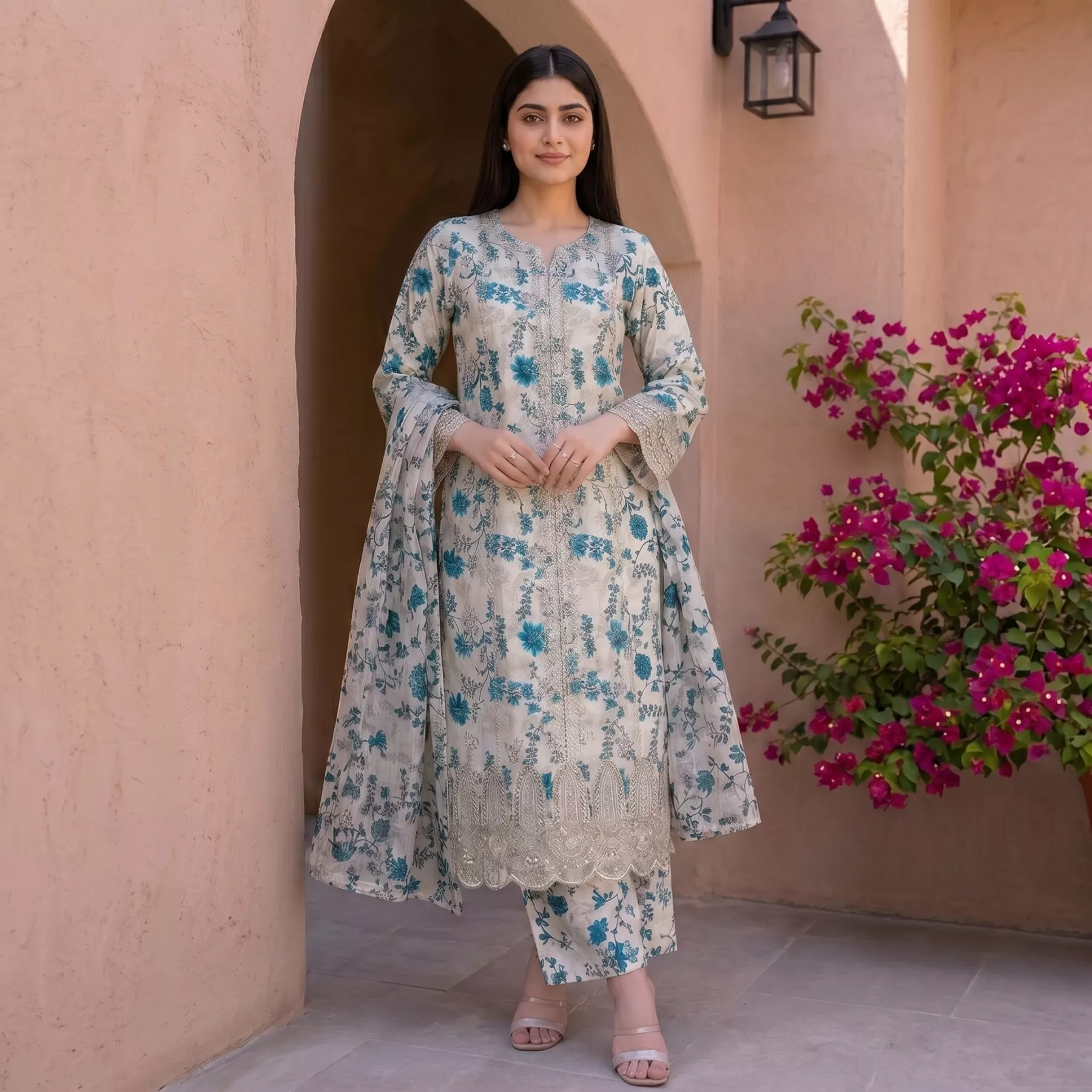 Chicken kari 3 piece Doria lawn suit with patchwork