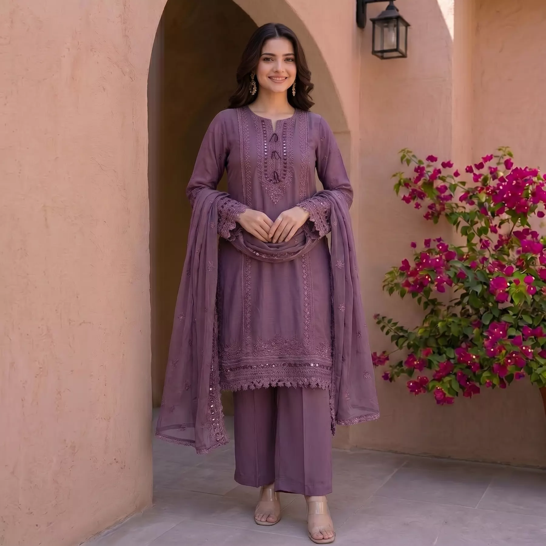Embroidered 3 piece Pink Chiffon Suit