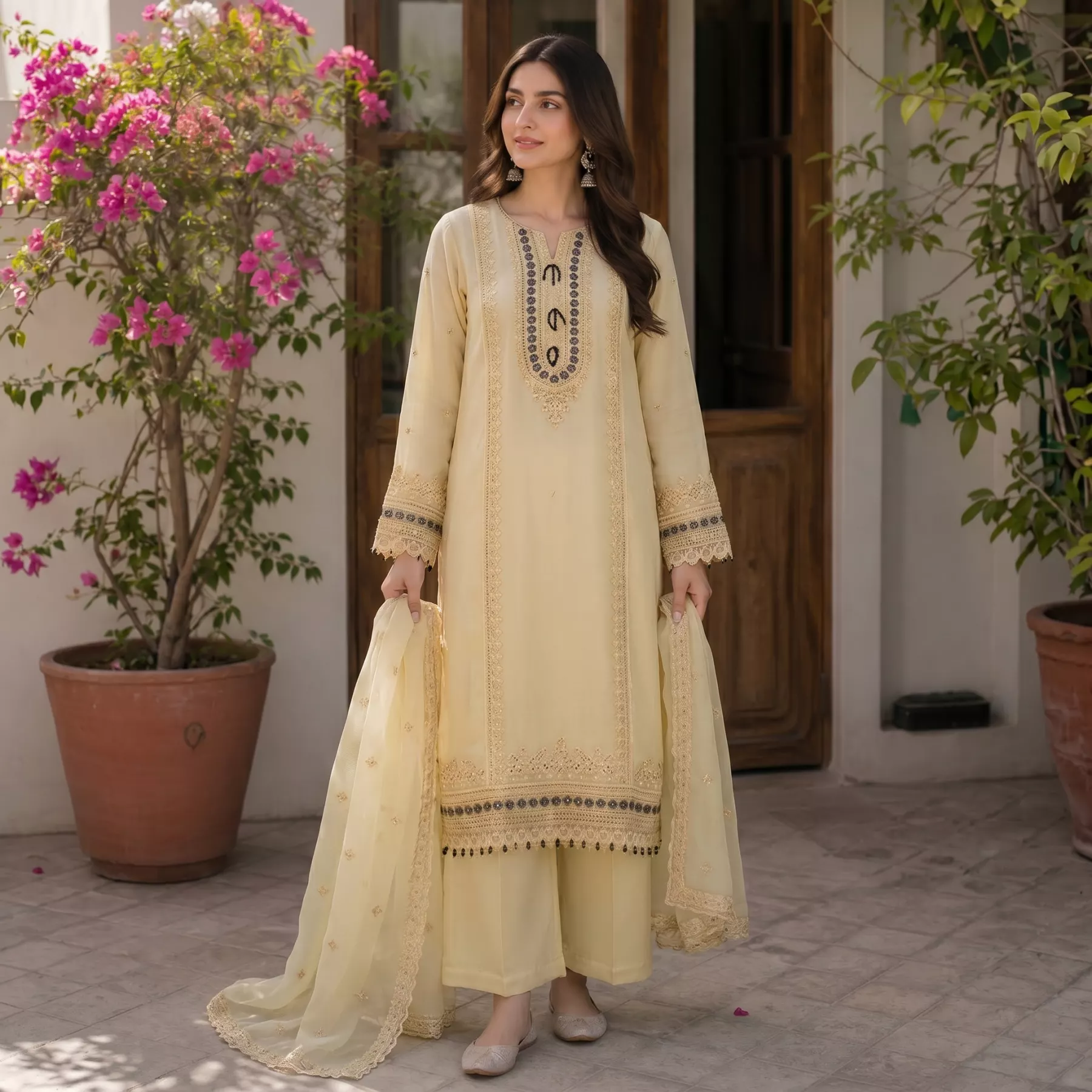 Embroidered 3 piece yellow Chiffon suit