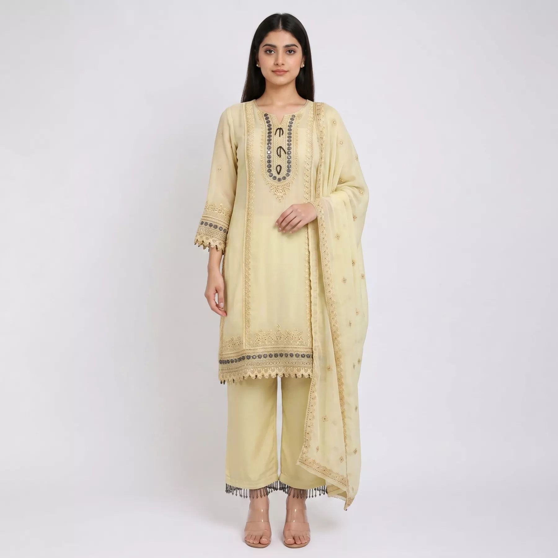 Embroidered 3 piece yellow Chiffon suit