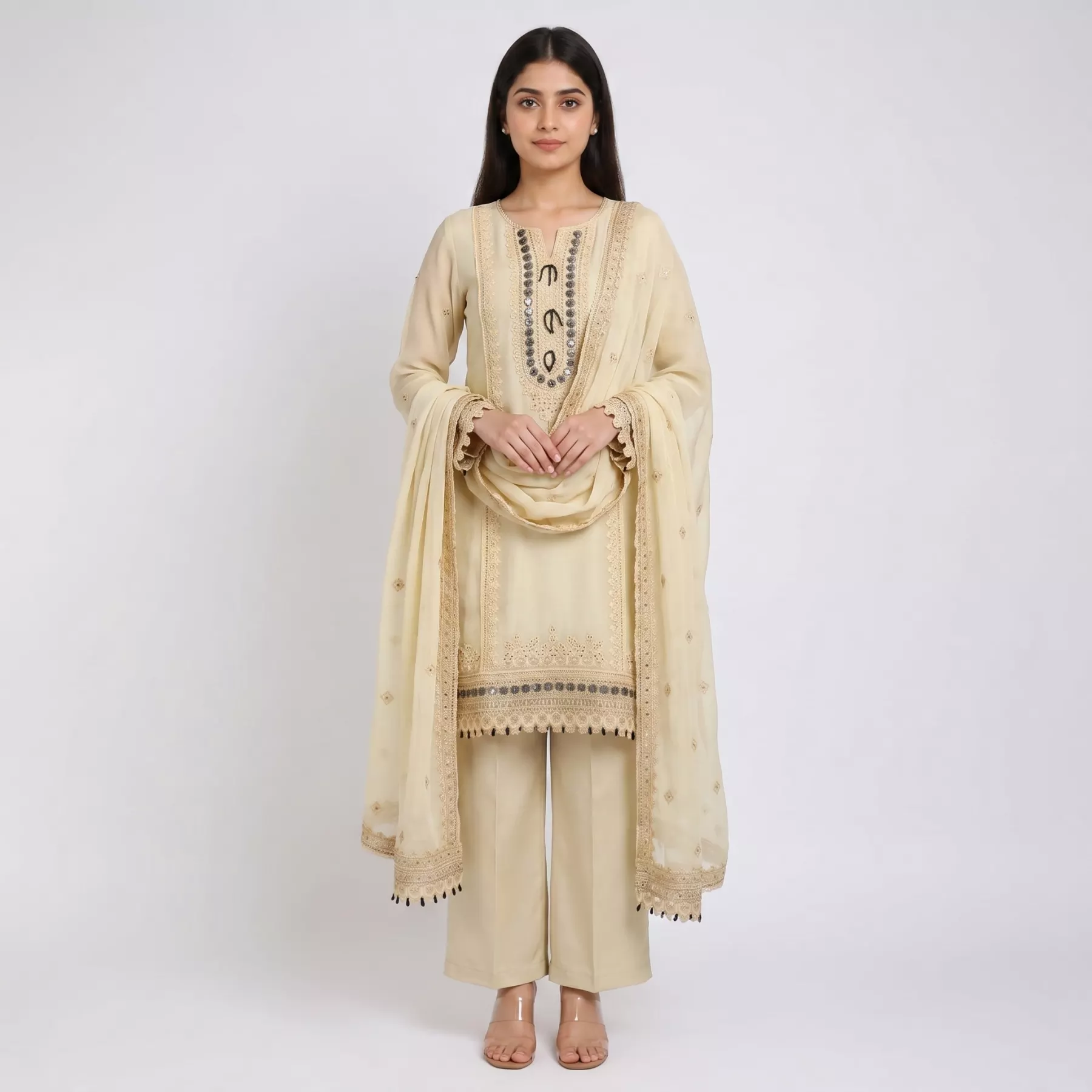 Embroidered 3 piece yellow Chiffon suit