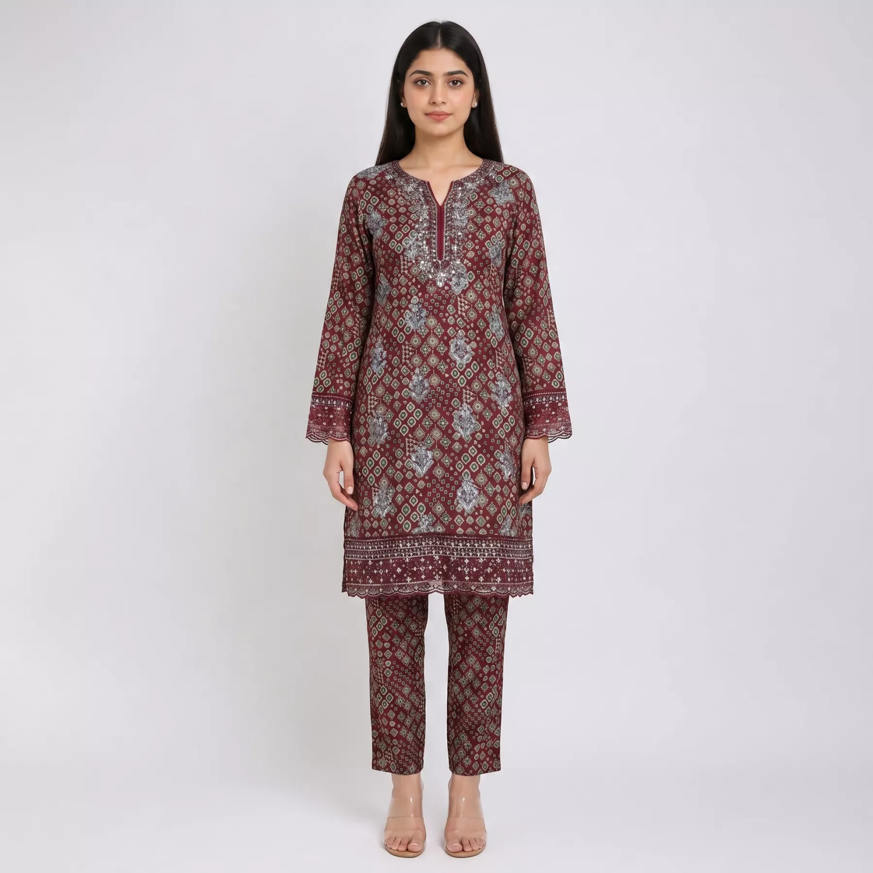 Maroon 3 piece printed suit