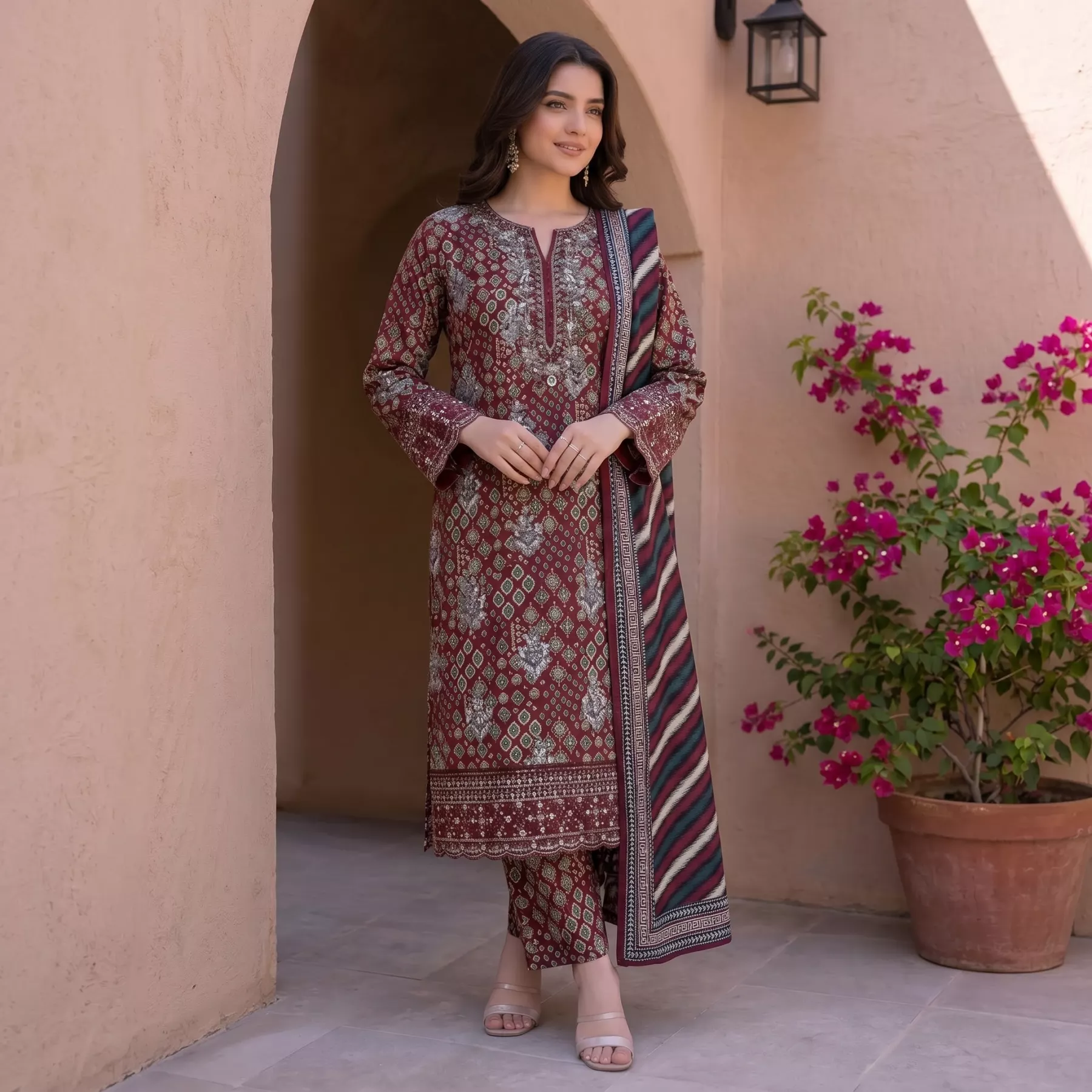 Maroon 3 piece printed suit