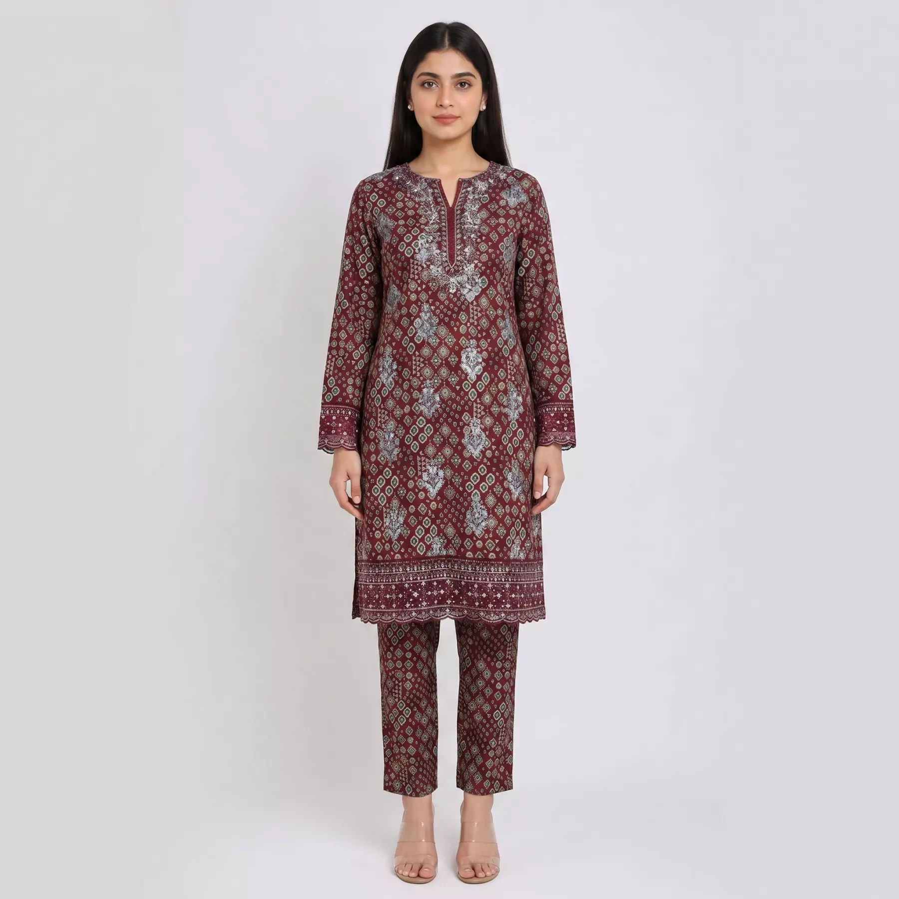 Maroon 3 piece printed suit
