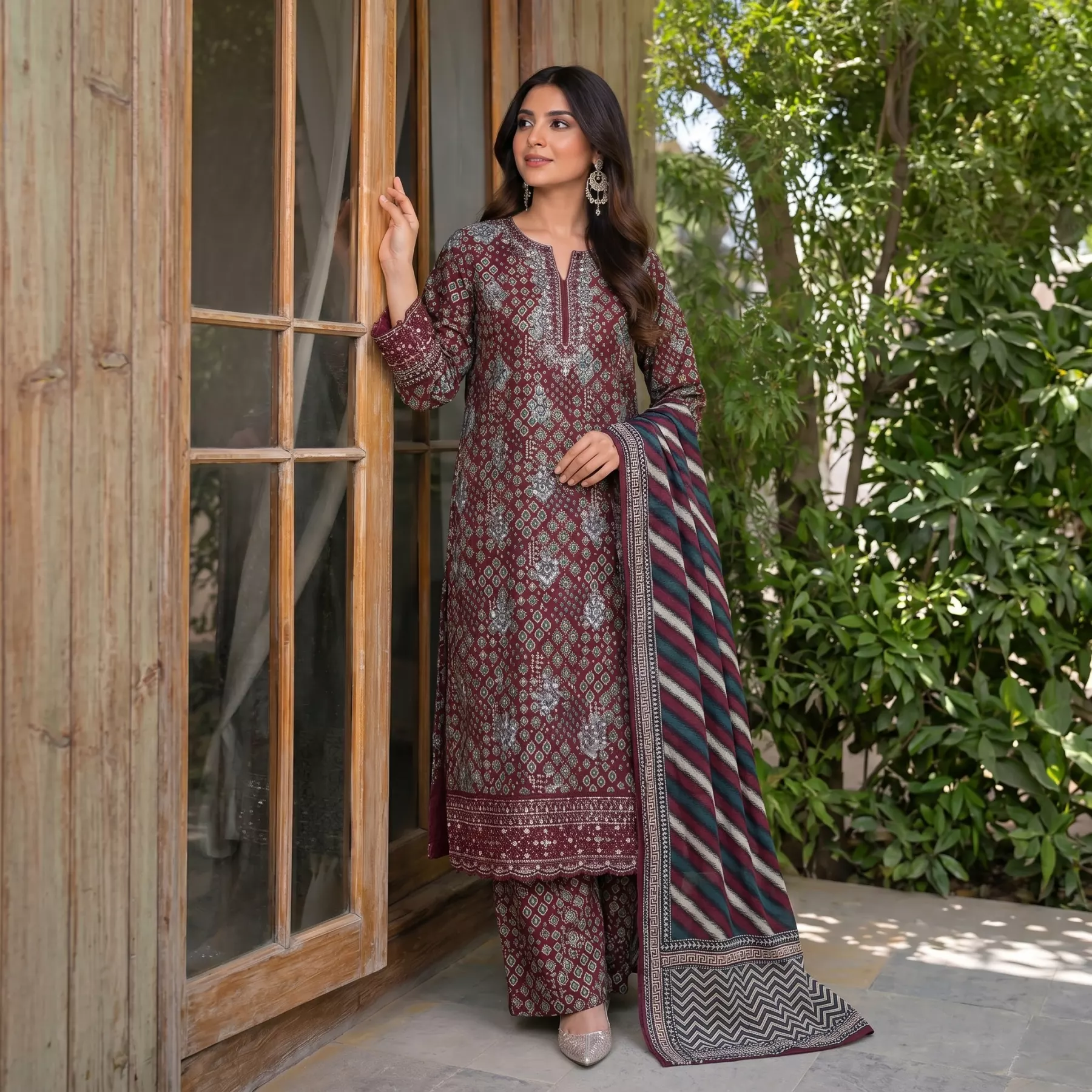Maroon 3 piece printed suit