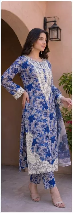 Blue Cambric Cotton 3 piece suit