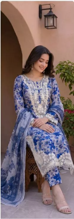 Blue Cambric Cotton 3 piece suit