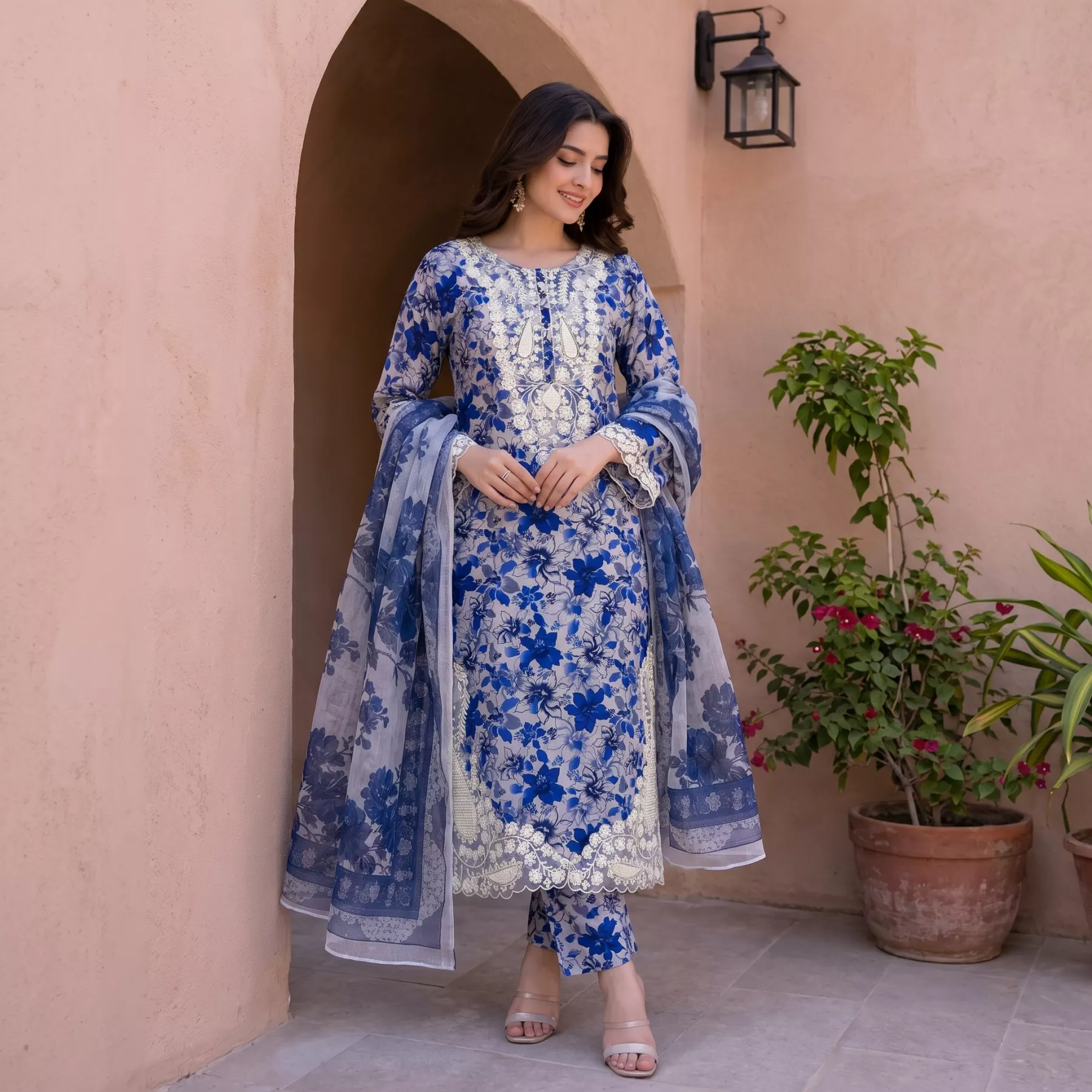 Blue Cambric Cotton 3 piece suit