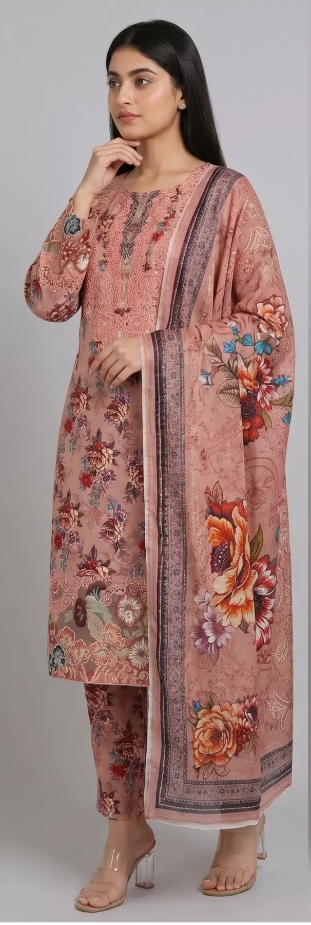 3 Piece orange Embroidered Cambric Cotton Stitched Suit