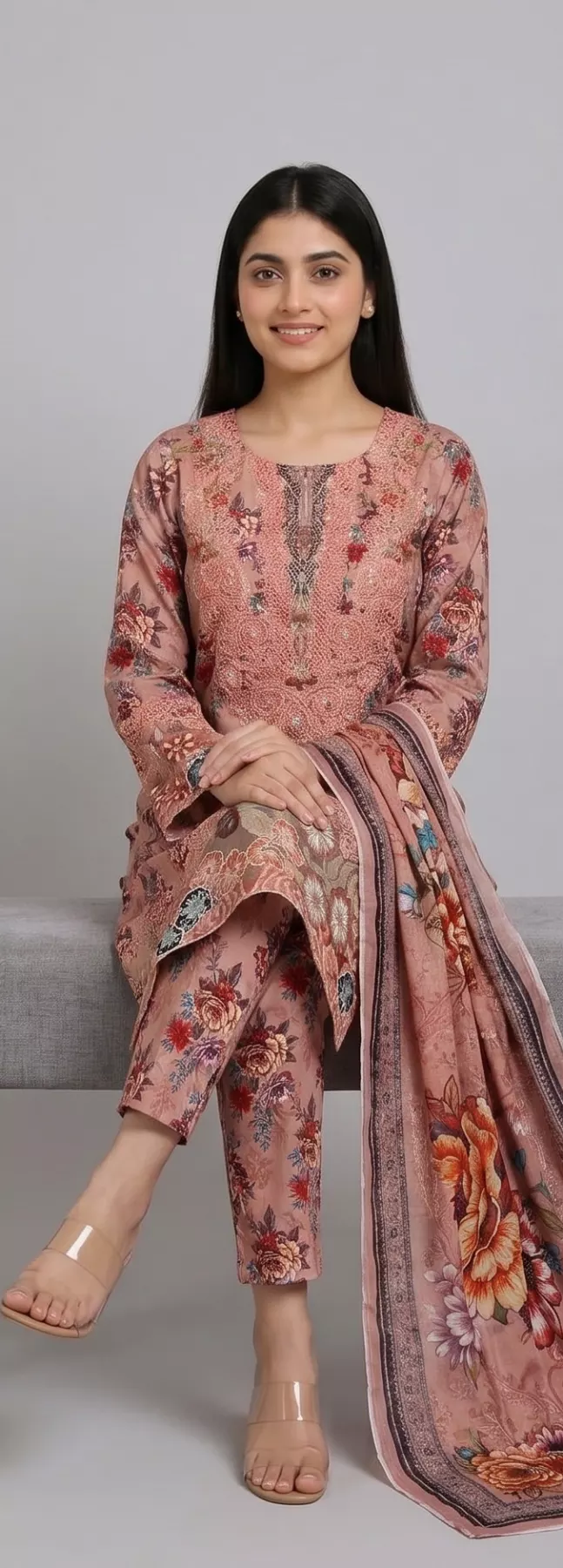 3 Piece orange Embroidered Cambric Cotton Stitched Suit