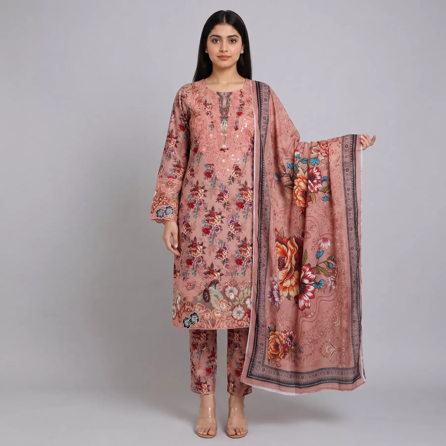 3 Piece orange Embroidered Cambric Cotton Stitched Suit