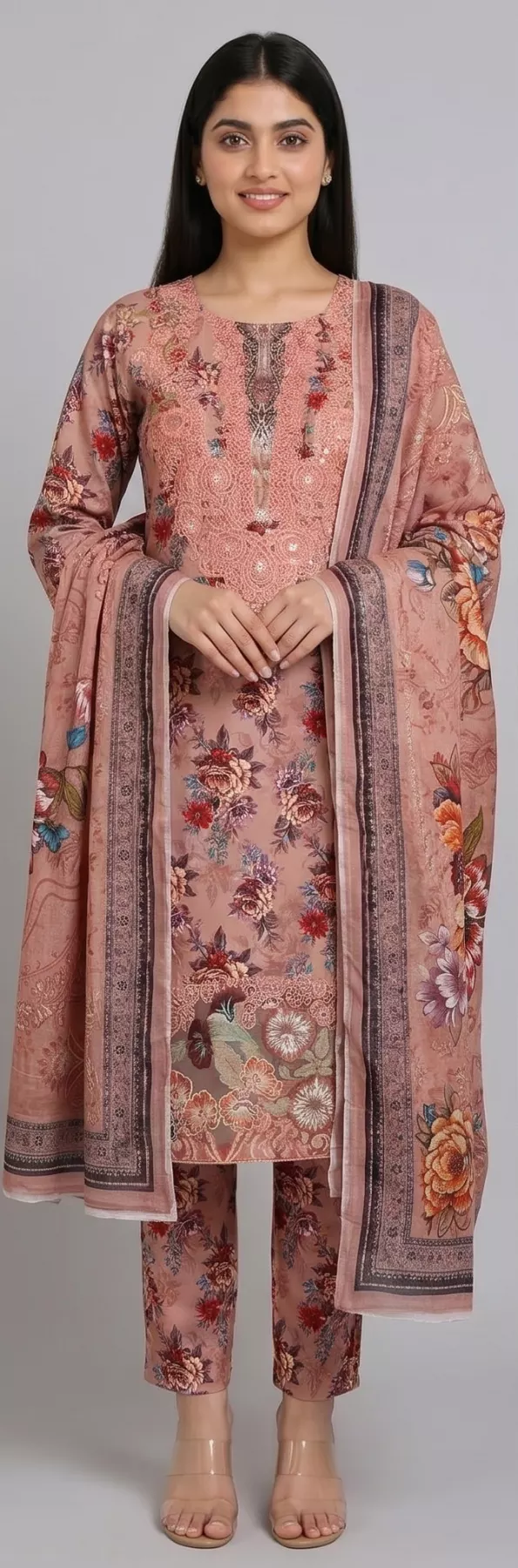 3 Piece orange Embroidered Cambric Cotton Stitched Suit
