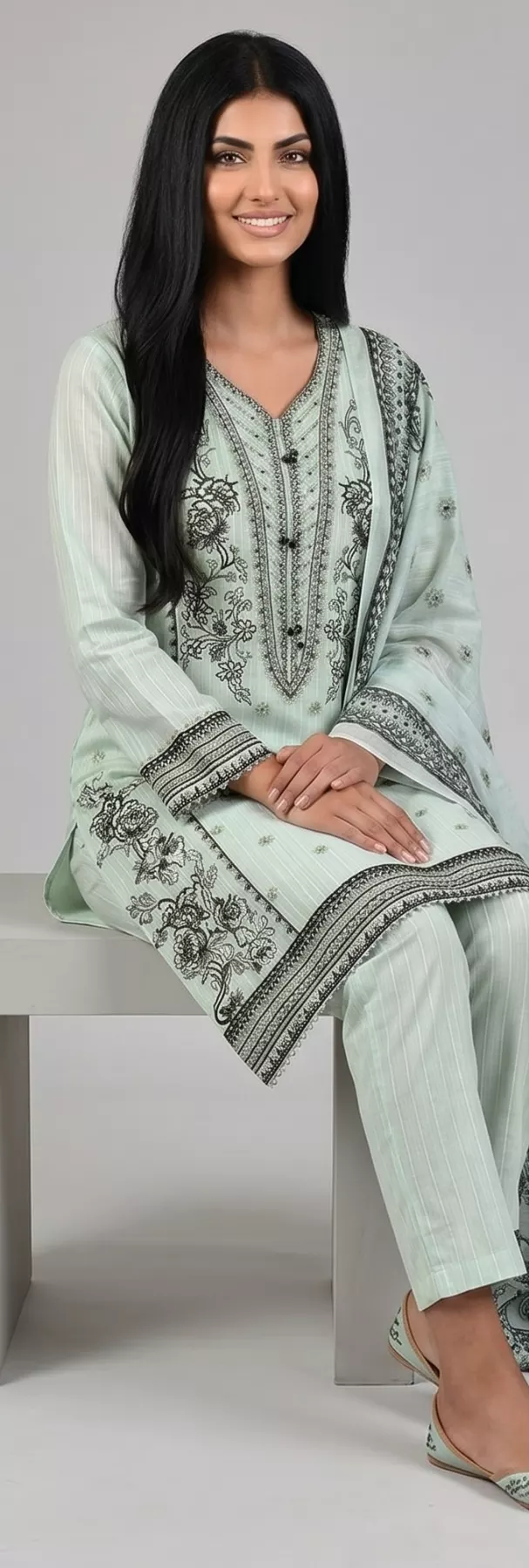Light Green 3 piece Cambric Cotton Stitched Suit