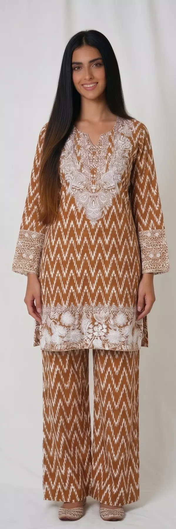 Orange 3 piece Patchwork Cambric Cotton Suit