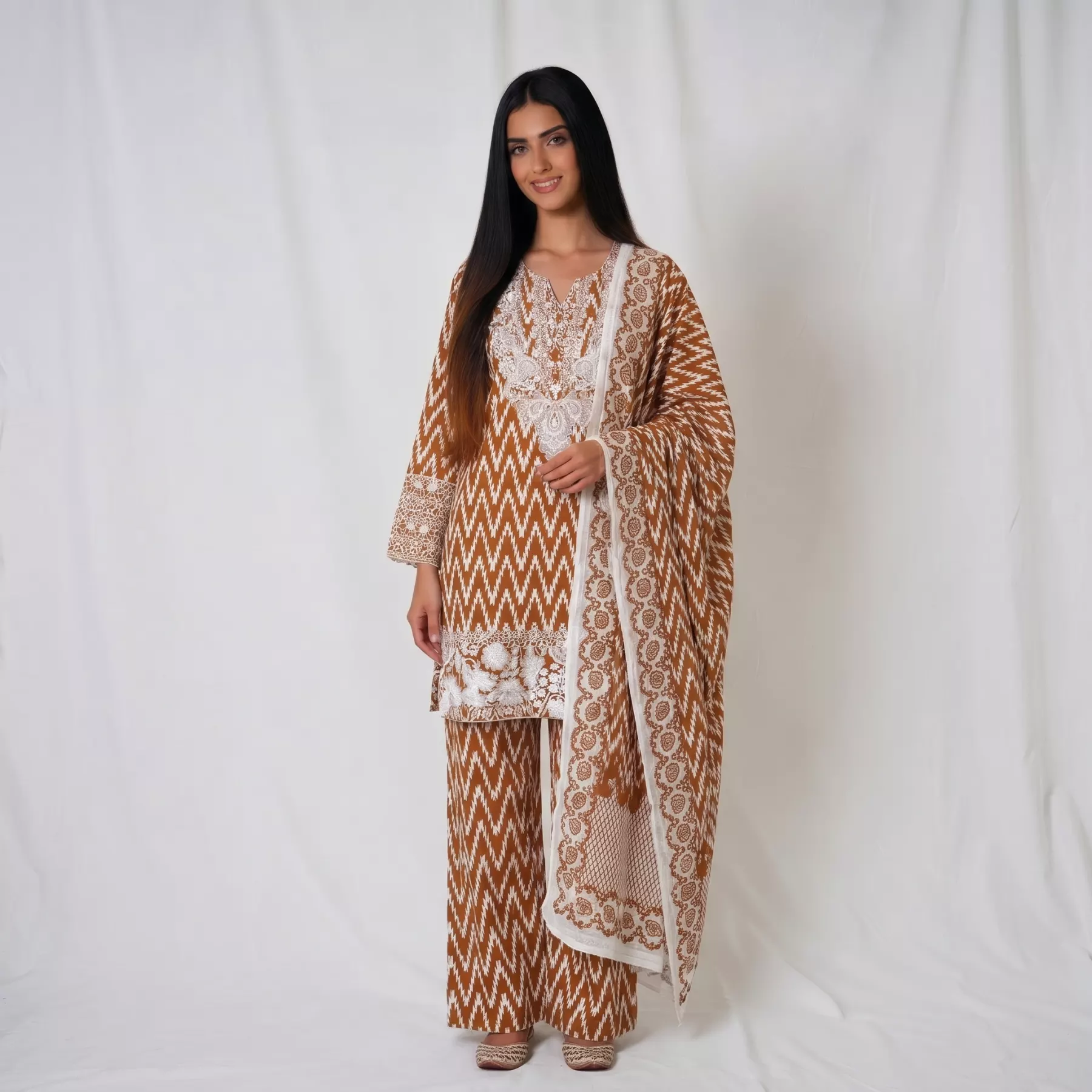 Orange 3 piece Patchwork Cambric Cotton Suit