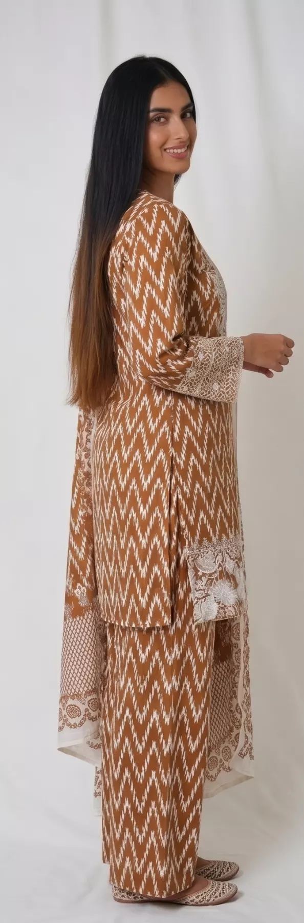 Orange 3 piece Patchwork Cambric Cotton Suit