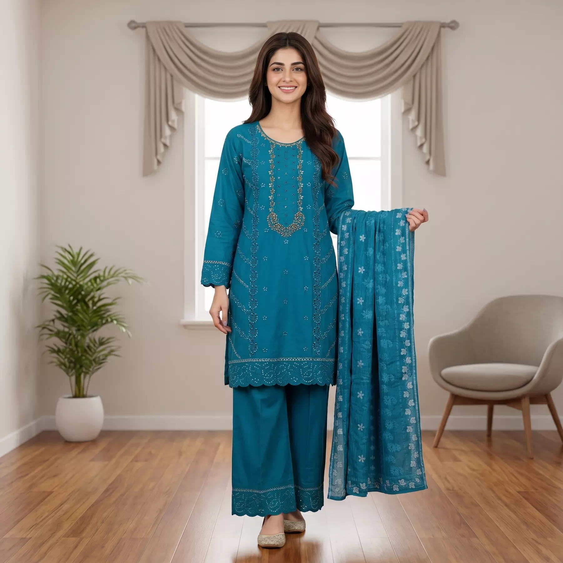 Zinc colour 3 piece chicken kari suit