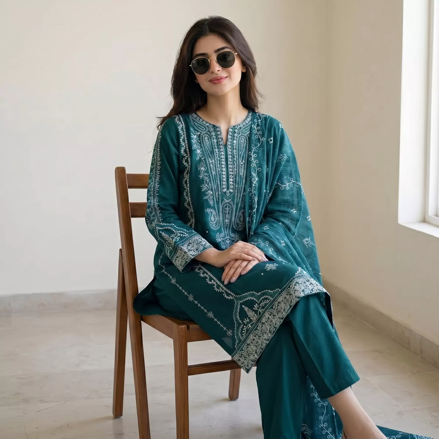Green 3 piece Lawn Embroidered suit