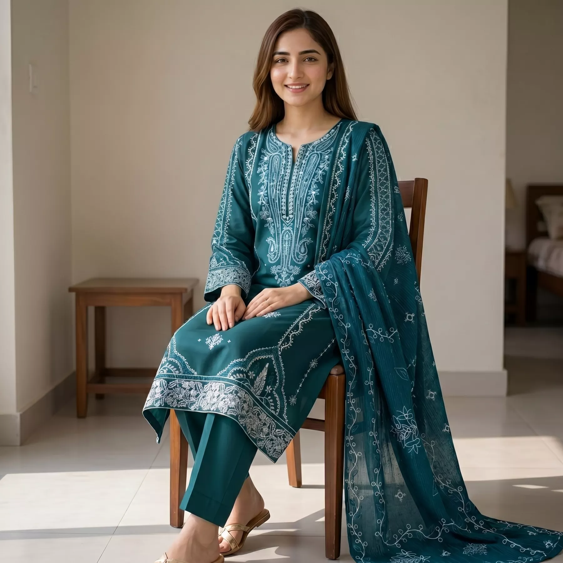 Green 3 piece Lawn Embroidered suit