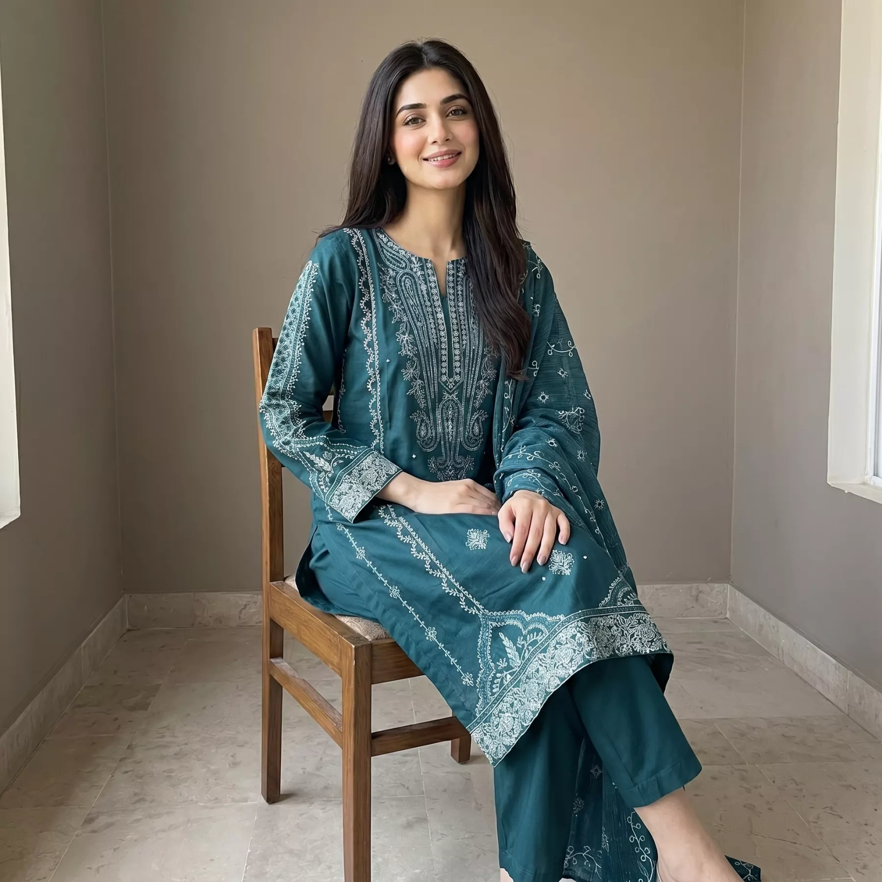 Green 3 piece Lawn Embroidered suit