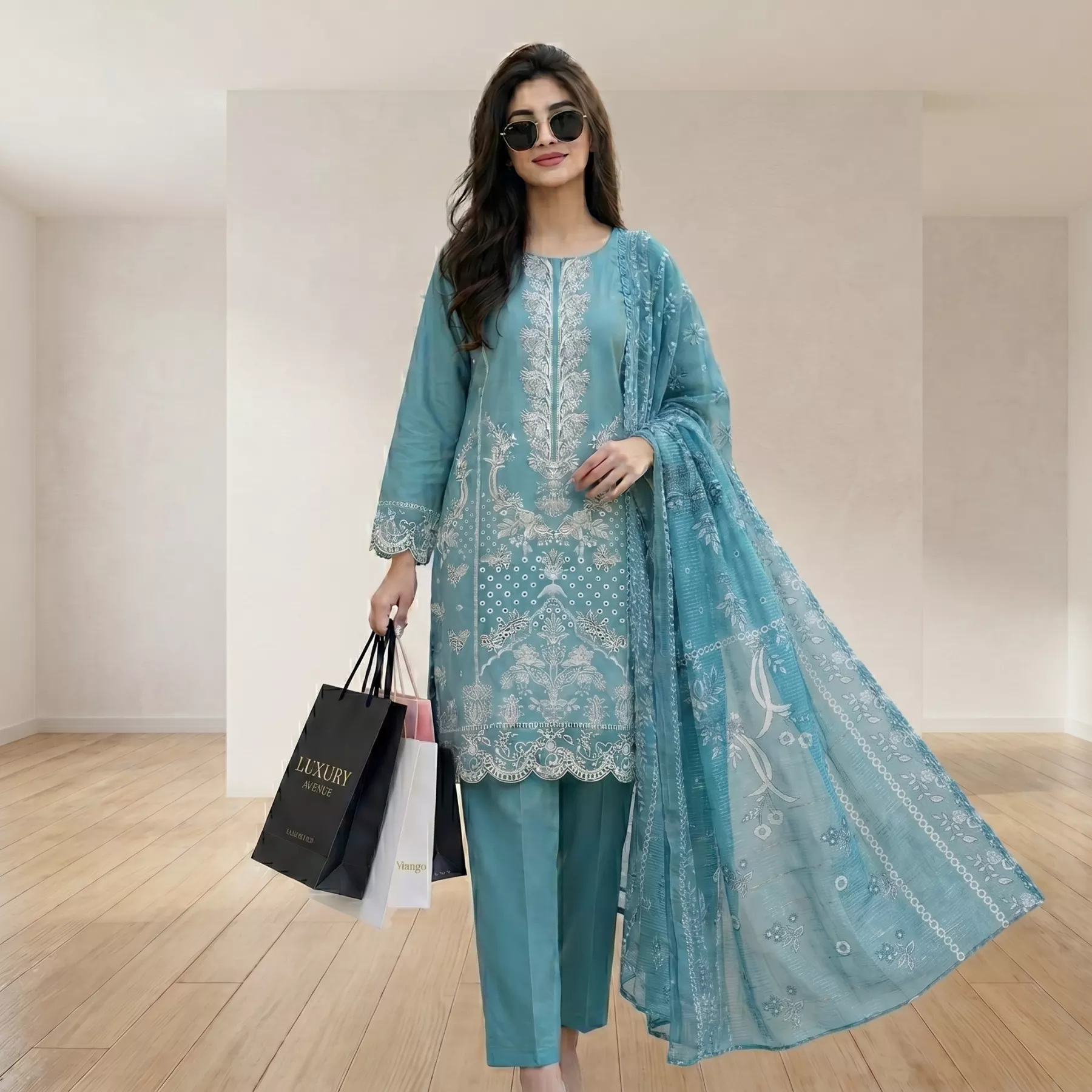 Sky Blue 3 piece Lawn Embroidered Stitched Suit