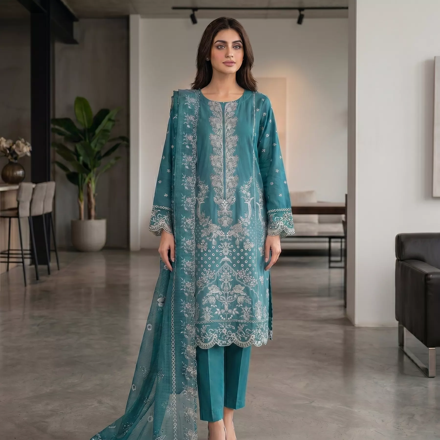 Sky Blue 3 piece Lawn Embroidered Stitched Suit