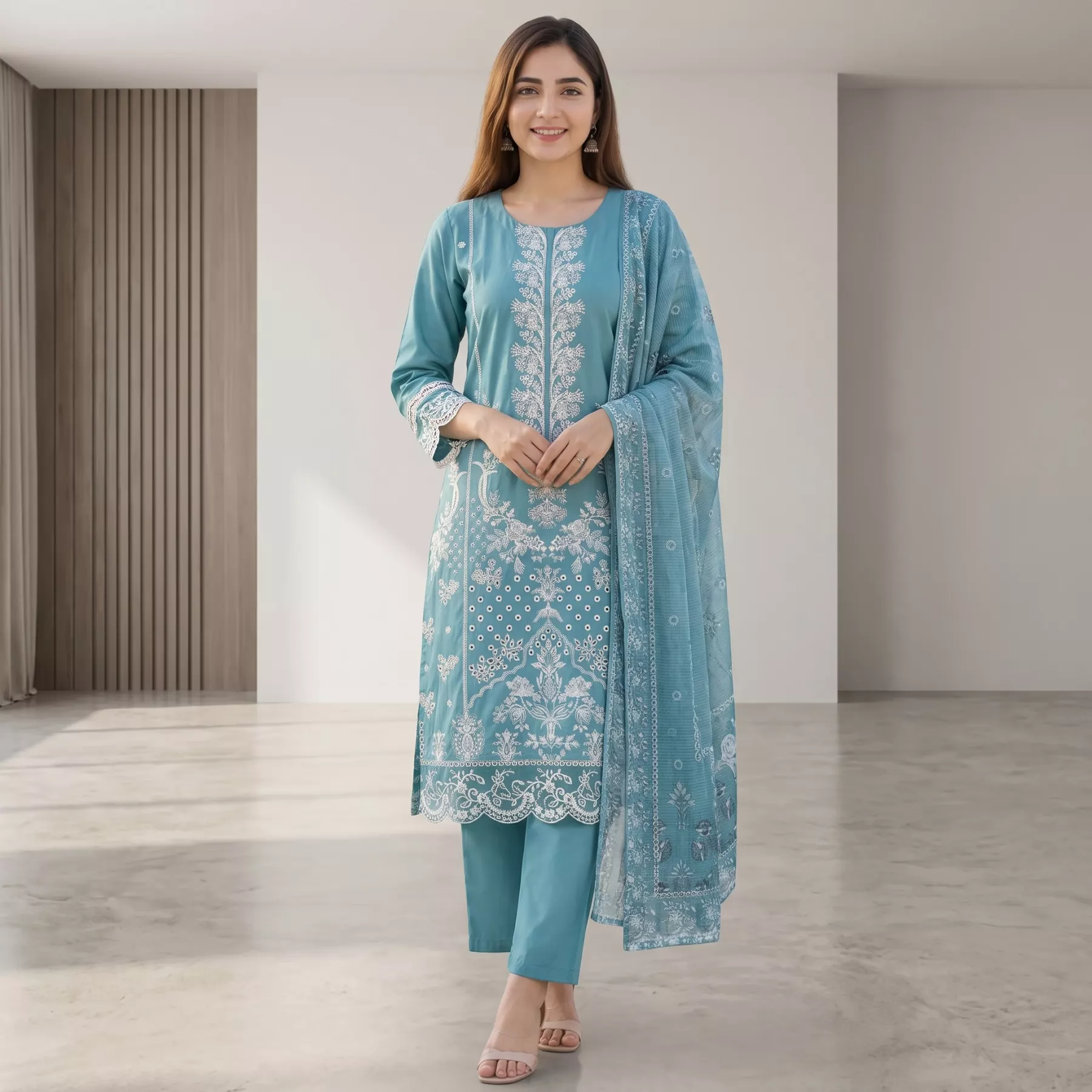 Sky Blue 3 piece Lawn Embroidered Stitched Suit