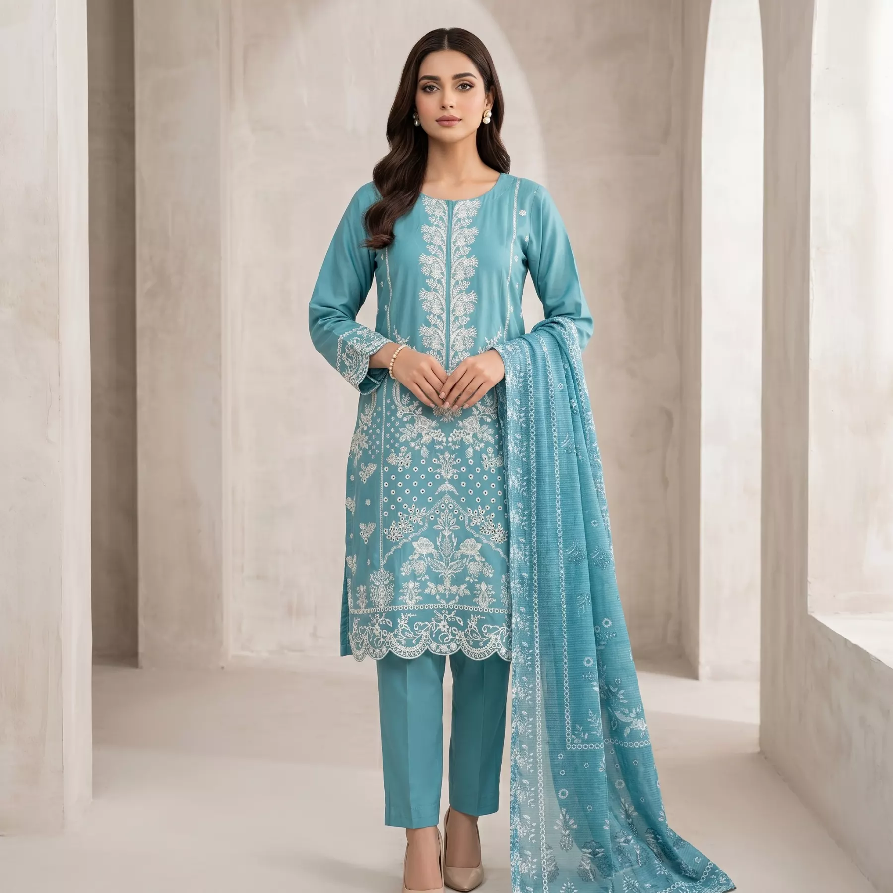 Sky Blue 3 piece Lawn Embroidered Stitched Suit