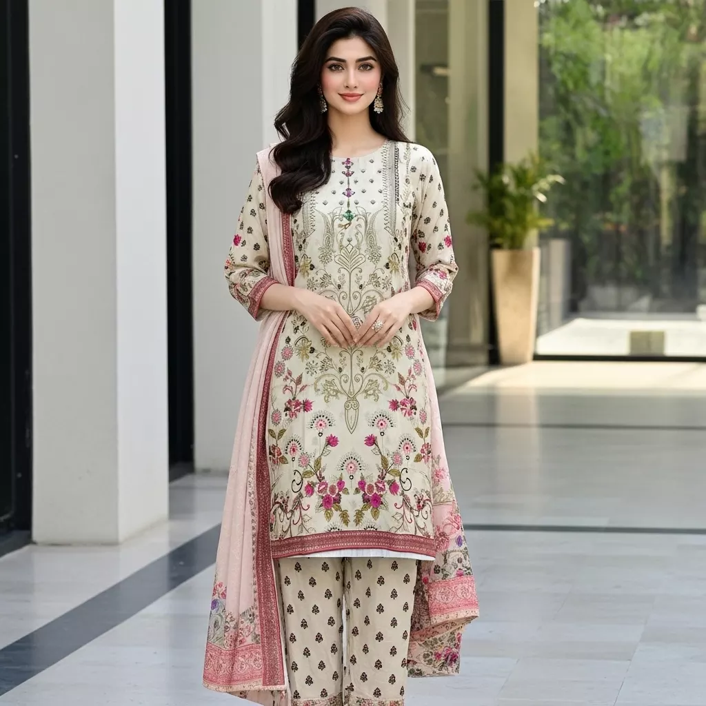 Lvory 3 piece printed stitched suit