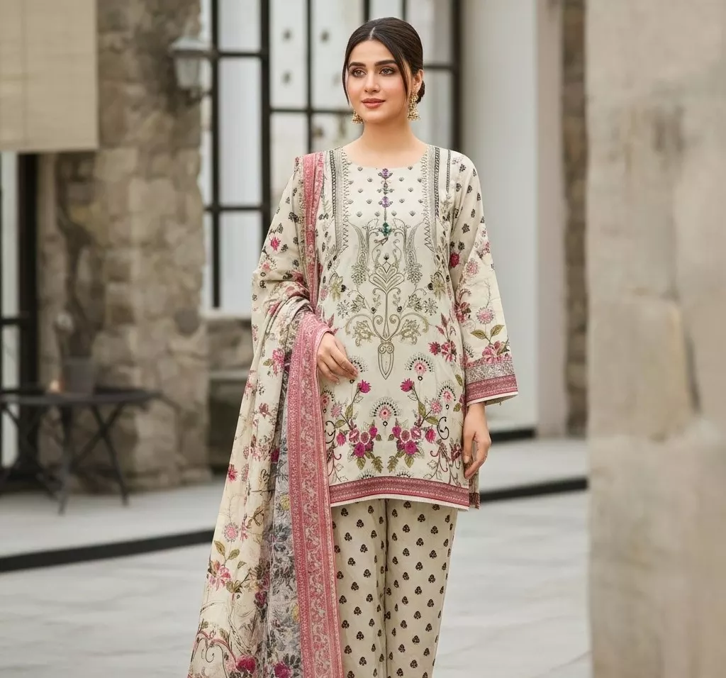 Lvory 3 piece printed stitched suit