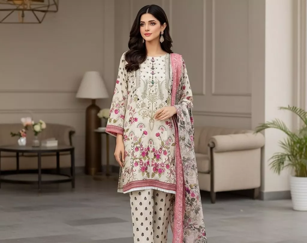 Lvory 3 piece printed stitched suit