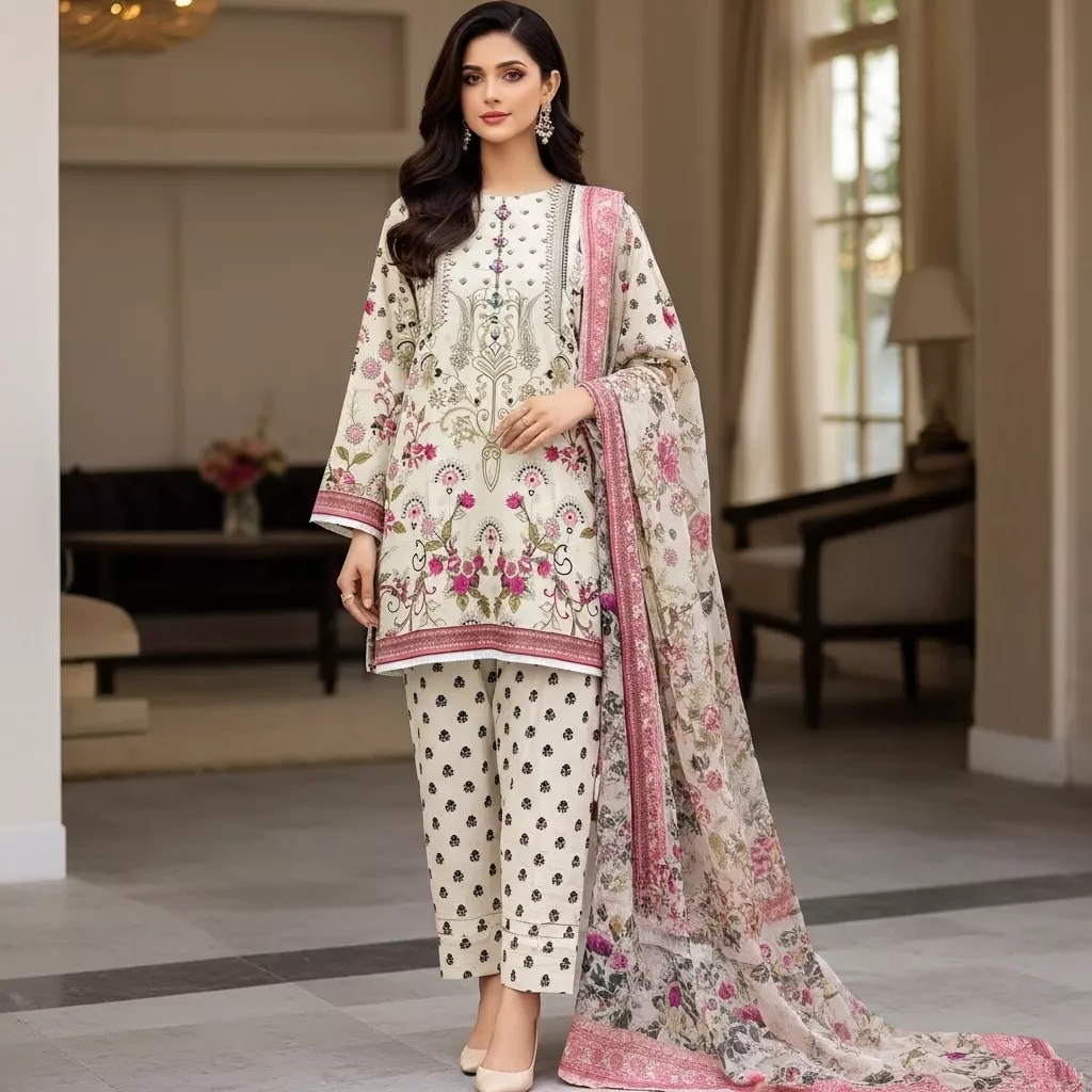 Lvory 3 piece printed stitched suit